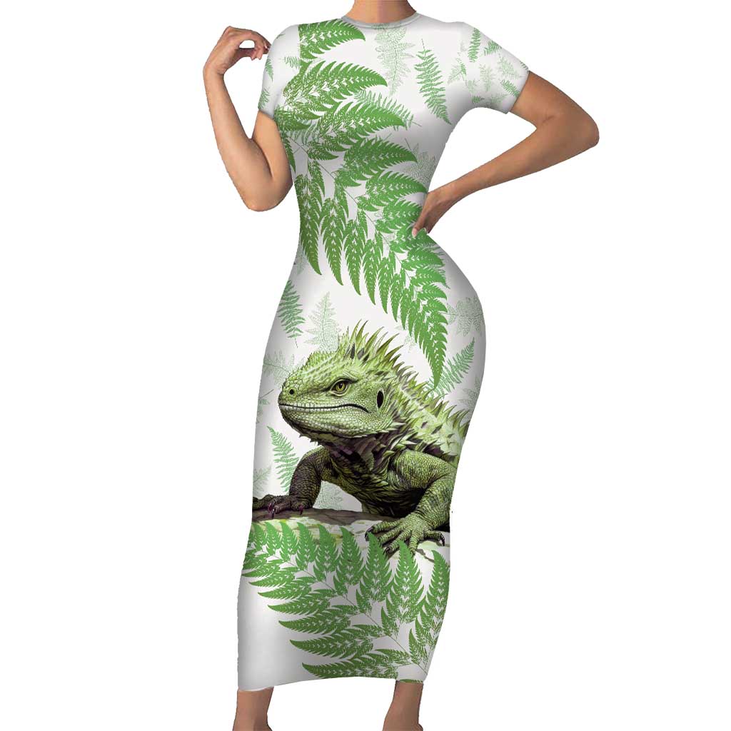 Green New Zealand Tuatara Family Matching Short Sleeve Bodycon Dress and Hawaiian Shirt Aotearoa Sphenodon Punctatus Silver Fern LT14 Mom's Dress Green - Polynesian Pride