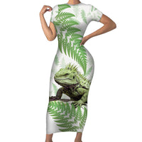 Green New Zealand Tuatara Family Matching Short Sleeve Bodycon Dress and Hawaiian Shirt Aotearoa Sphenodon Punctatus Silver Fern LT14 Mom's Dress Green - Polynesian Pride