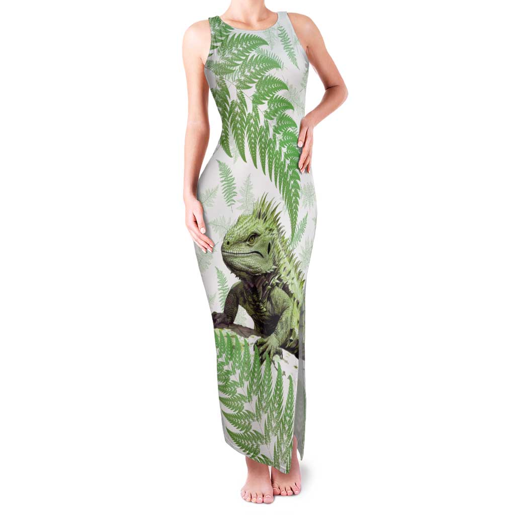 Green New Zealand Tuatara Family Matching Tank Maxi Dress and Hawaiian Shirt Aotearoa Sphenodon Punctatus Silver Fern LT14 Mom's Dress Green - Polynesian Pride
