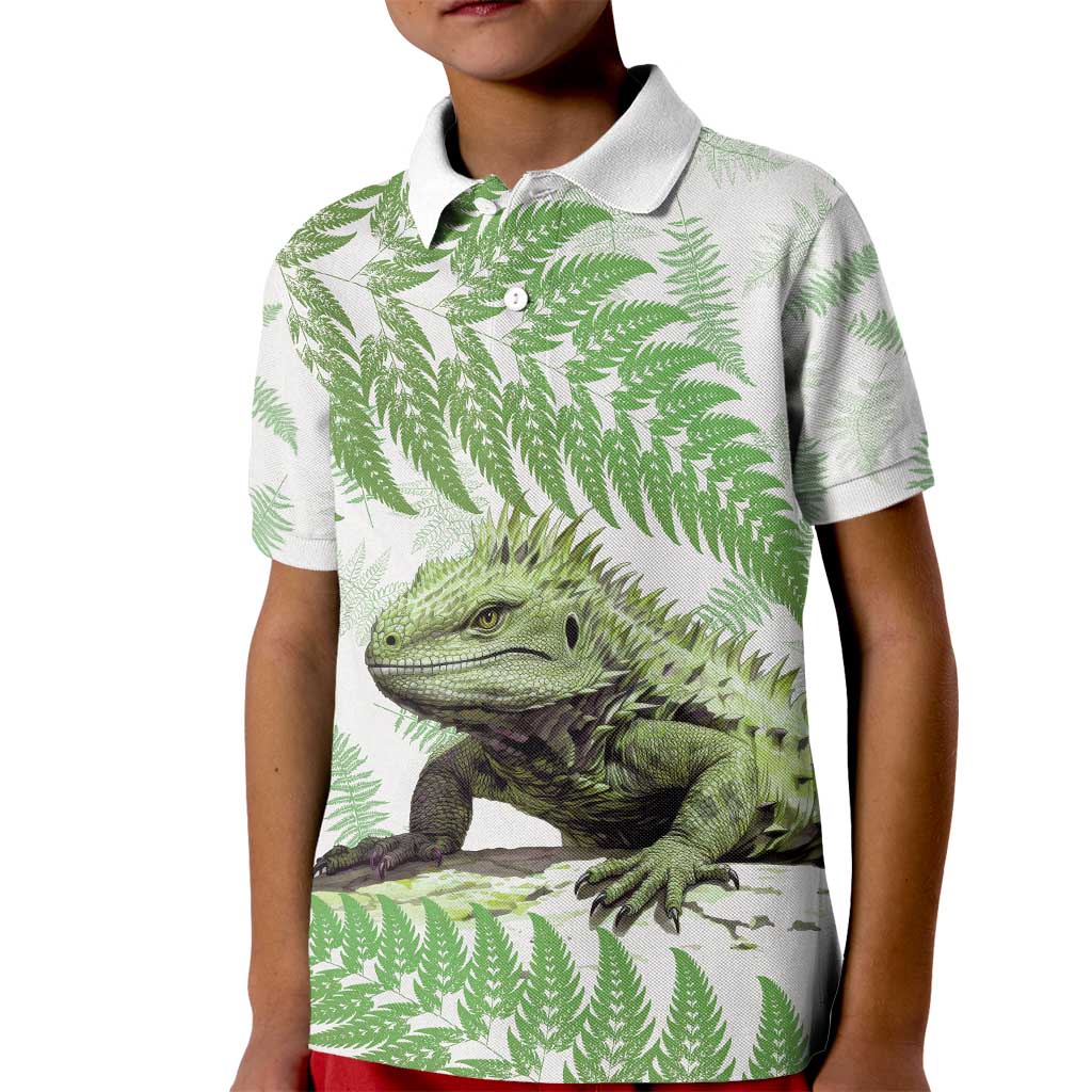 Green New Zealand Tuatara Kid Polo Shirt Aotearoa Sphenodon Punctatus Silver Fern LT14 Kid Green - Polynesian Pride