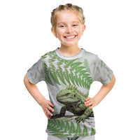 Green New Zealand Tuatara Kid T Shirt Aotearoa Sphenodon Punctatus Silver Fern LT14 Green - Polynesian Pride