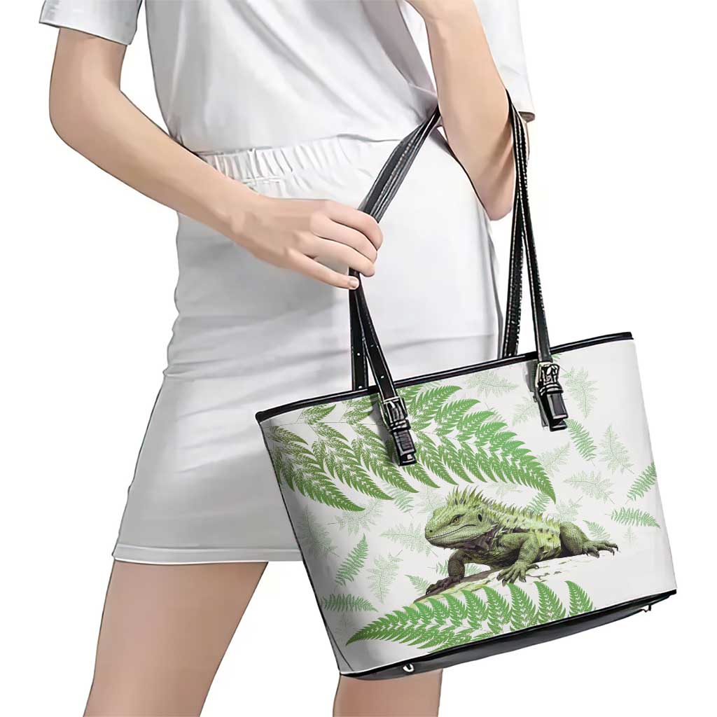 Green New Zealand Tuatara Leather Tote Bag Aotearoa Sphenodon Punctatus Silver Fern LT14 - Polynesian Pride