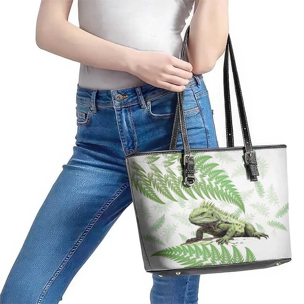 Green New Zealand Tuatara Leather Tote Bag Aotearoa Sphenodon Punctatus Silver Fern LT14 - Polynesian Pride