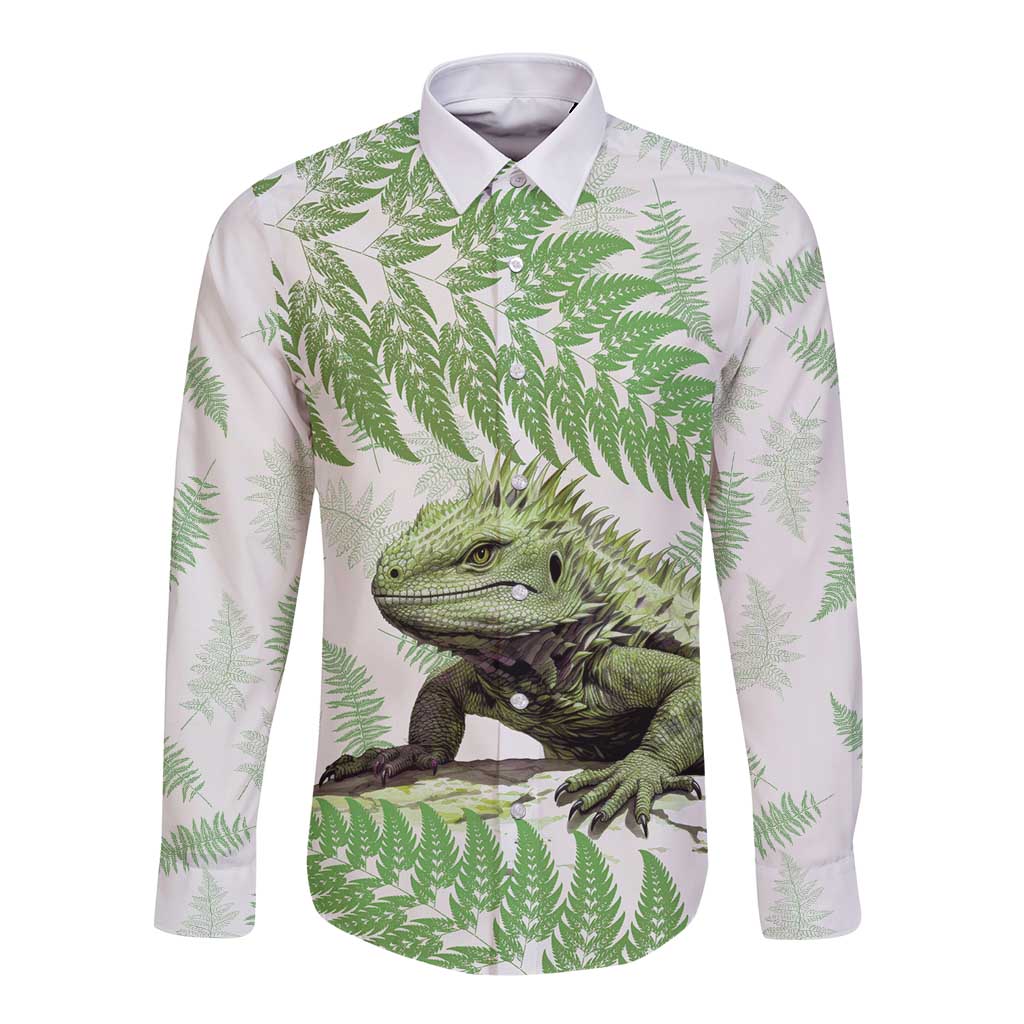 Green New Zealand Tuatara Long Sleeve Button Shirt Aotearoa Sphenodon Punctatus Silver Fern LT14 Unisex Green - Polynesian Pride