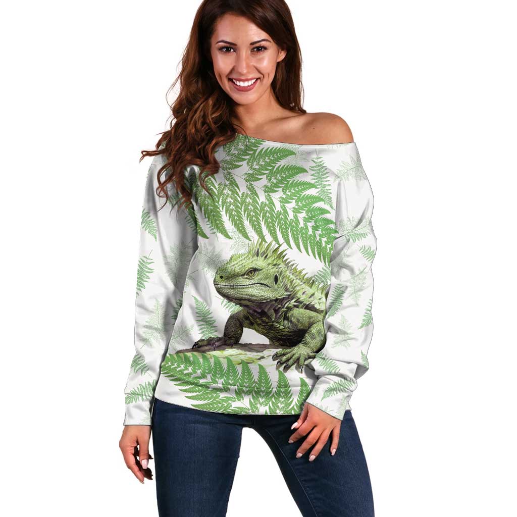 Green New Zealand Tuatara Off Shoulder Sweater Aotearoa Sphenodon Punctatus Silver Fern