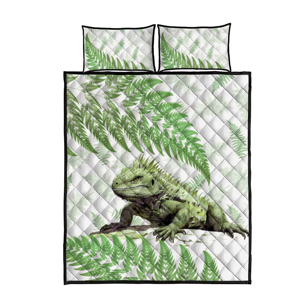 Green New Zealand Tuatara Quilt Bed Set Aotearoa Sphenodon Punctatus Silver Fern