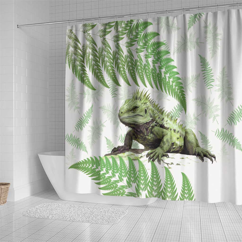 Green New Zealand Tuatara Shower Curtain Aotearoa Sphenodon Punctatus Silver Fern LT14 - Polynesian Pride