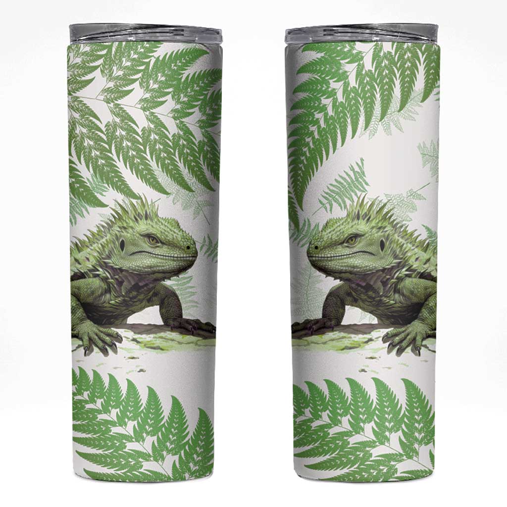 Green New Zealand Tuatara Skinny Tumbler Aotearoa Sphenodon Punctatus Silver Fern LT14 Green - Polynesian Pride