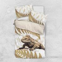 Gold New Zealand Tuatara Bedding Set Aotearoa Sphenodon Punctatus Silver Fern