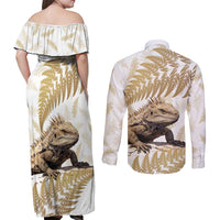 Gold New Zealand Tuatara Couples Matching Off Shoulder Maxi Dress and Long Sleeve Button Shirt Aotearoa Sphenodon Punctatus Silver Fern