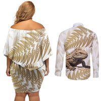 Gold New Zealand Tuatara Couples Matching Off Shoulder Short Dress and Long Sleeve Button Shirt Aotearoa Sphenodon Punctatus Silver Fern