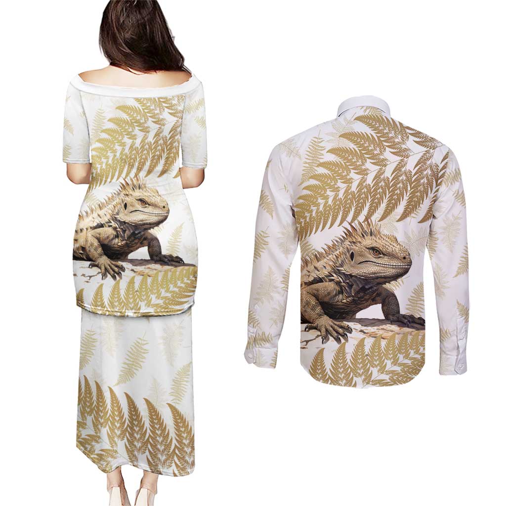 Gold New Zealand Tuatara Couples Matching Puletasi and Long Sleeve Button Shirt Aotearoa Sphenodon Punctatus Silver Fern