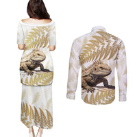 Gold New Zealand Tuatara Couples Matching Puletasi and Long Sleeve Button Shirt Aotearoa Sphenodon Punctatus Silver Fern