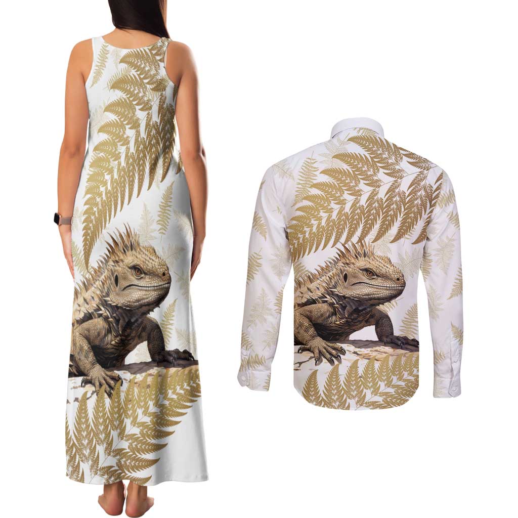 Gold New Zealand Tuatara Couples Matching Tank Maxi Dress and Long Sleeve Button Shirt Aotearoa Sphenodon Punctatus Silver Fern