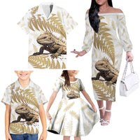 Gold New Zealand Tuatara Family Matching Off The Shoulder Long Sleeve Dress and Hawaiian Shirt Aotearoa Sphenodon Punctatus Silver Fern LT14 - Polynesian Pride