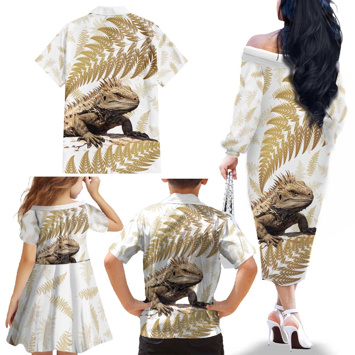 Gold New Zealand Tuatara Family Matching Off The Shoulder Long Sleeve Dress and Hawaiian Shirt Aotearoa Sphenodon Punctatus Silver Fern LT14 - Polynesian Pride