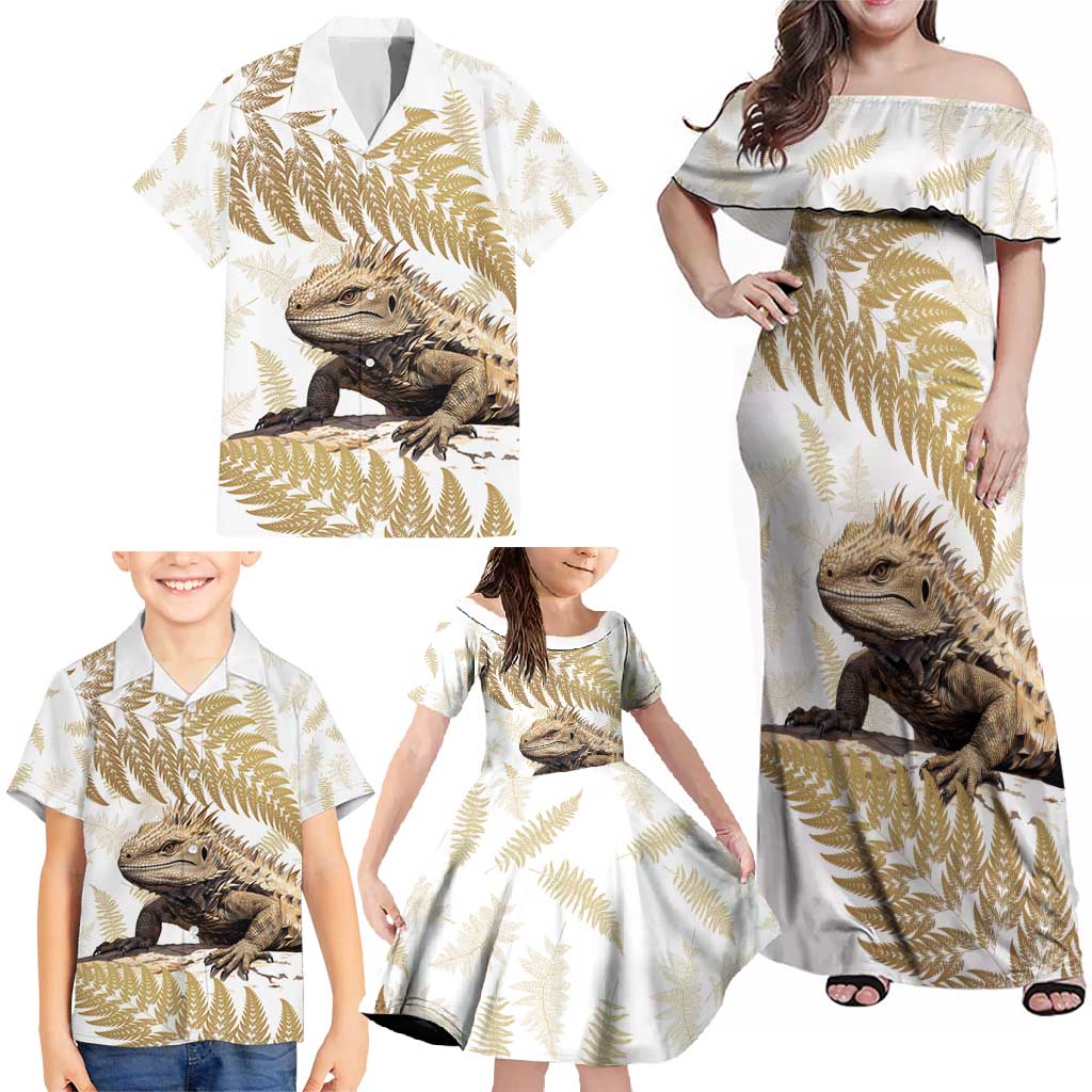Gold New Zealand Tuatara Family Matching Off Shoulder Maxi Dress and Hawaiian Shirt Aotearoa Sphenodon Punctatus Silver Fern LT14 - Polynesian Pride