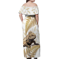 Gold New Zealand Tuatara Family Matching Off Shoulder Maxi Dress and Hawaiian Shirt Aotearoa Sphenodon Punctatus Silver Fern LT14 - Polynesian Pride