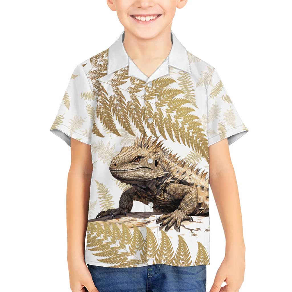 Gold New Zealand Tuatara Family Matching Off Shoulder Maxi Dress and Hawaiian Shirt Aotearoa Sphenodon Punctatus Silver Fern LT14 Son's Shirt Gold - Polynesian Pride