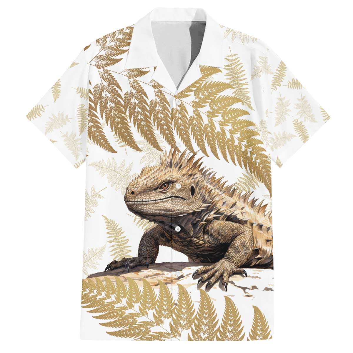 Gold New Zealand Tuatara Family Matching Off Shoulder Short Dress and Hawaiian Shirt Aotearoa Sphenodon Punctatus Silver Fern LT14 Dad's Shirt - Short Sleeve Gold - Polynesian Pride