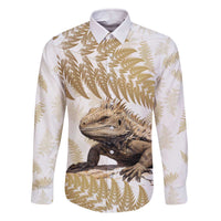 Gold New Zealand Tuatara Family Matching Off Shoulder Short Dress and Hawaiian Shirt Aotearoa Sphenodon Punctatus Silver Fern LT14 Dad's Shirt - Long Sleeve Gold - Polynesian Pride
