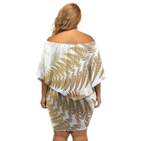 Gold New Zealand Tuatara Family Matching Off Shoulder Short Dress and Hawaiian Shirt Aotearoa Sphenodon Punctatus Silver Fern LT14 - Polynesian Pride
