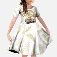 Gold New Zealand Tuatara Family Matching Puletasi and Hawaiian Shirt Aotearoa Sphenodon Punctatus Silver Fern LT14 Daughter's Dress Gold - Polynesian Pride