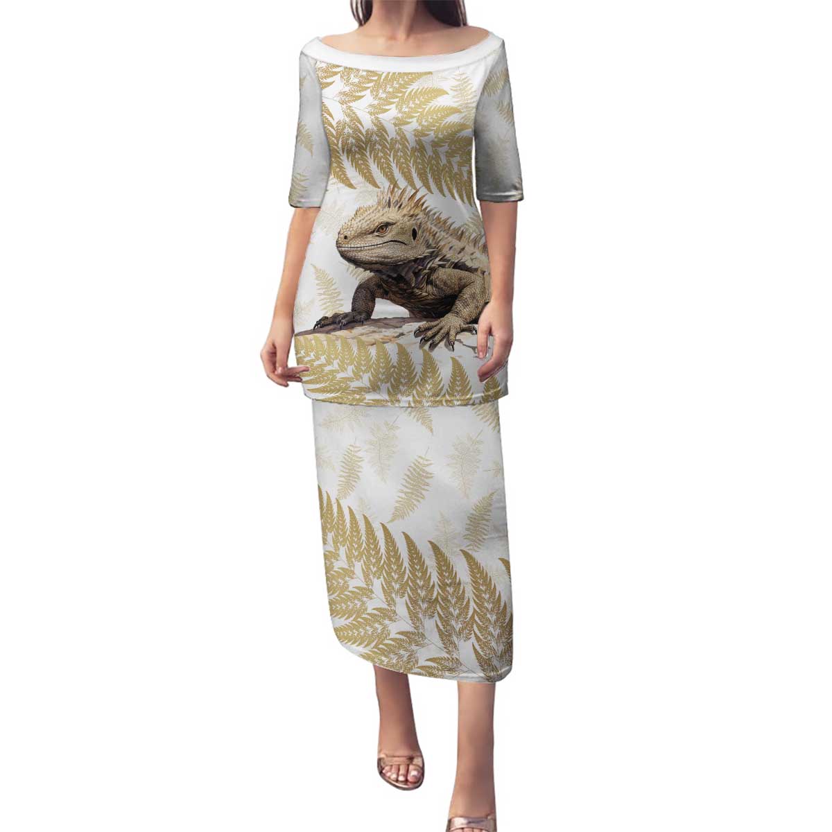 Gold New Zealand Tuatara Family Matching Puletasi and Hawaiian Shirt Aotearoa Sphenodon Punctatus Silver Fern LT14 Mom's Dress Gold - Polynesian Pride