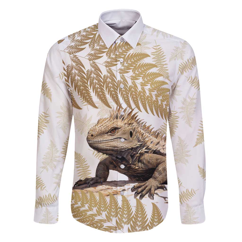 Gold New Zealand Tuatara Family Matching Summer Maxi Dress and Hawaiian Shirt Aotearoa Sphenodon Punctatus Silver Fern LT14 Dad's Shirt - Long Sleeve Gold - Polynesian Pride