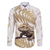 Gold New Zealand Tuatara Family Matching Summer Maxi Dress and Hawaiian Shirt Aotearoa Sphenodon Punctatus Silver Fern LT14 Dad's Shirt - Long Sleeve Gold - Polynesian Pride