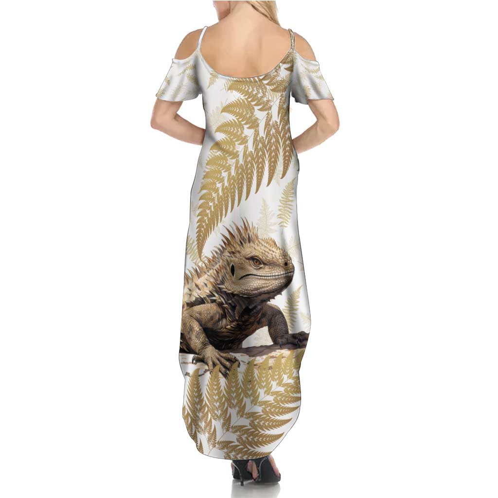 Gold New Zealand Tuatara Family Matching Summer Maxi Dress and Hawaiian Shirt Aotearoa Sphenodon Punctatus Silver Fern LT14 - Polynesian Pride