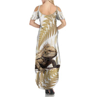 Gold New Zealand Tuatara Family Matching Summer Maxi Dress and Hawaiian Shirt Aotearoa Sphenodon Punctatus Silver Fern LT14 - Polynesian Pride