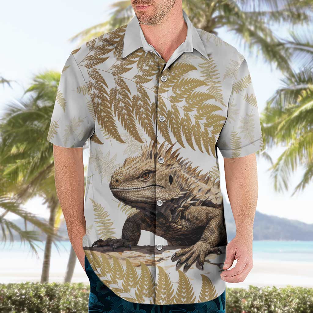 Gold New Zealand Tuatara Hawaiian Shirt Aotearoa Sphenodon Punctatus Silver Fern LT14 - Polynesian Pride
