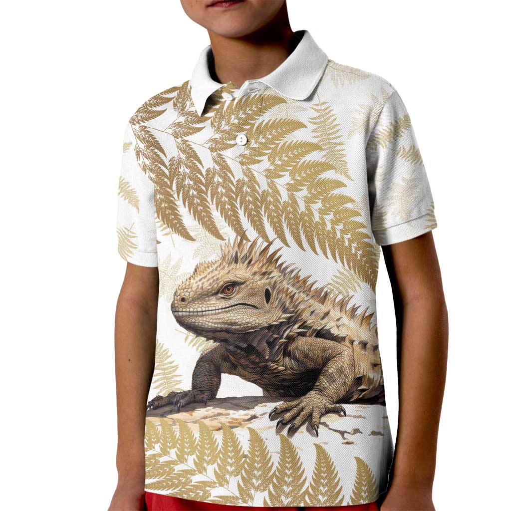 Gold New Zealand Tuatara Kid Polo Shirt Aotearoa Sphenodon Punctatus Silver Fern LT14 Kid Gold - Polynesian Pride