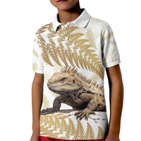 Gold New Zealand Tuatara Kid Polo Shirt Aotearoa Sphenodon Punctatus Silver Fern LT14 Kid Gold - Polynesian Pride