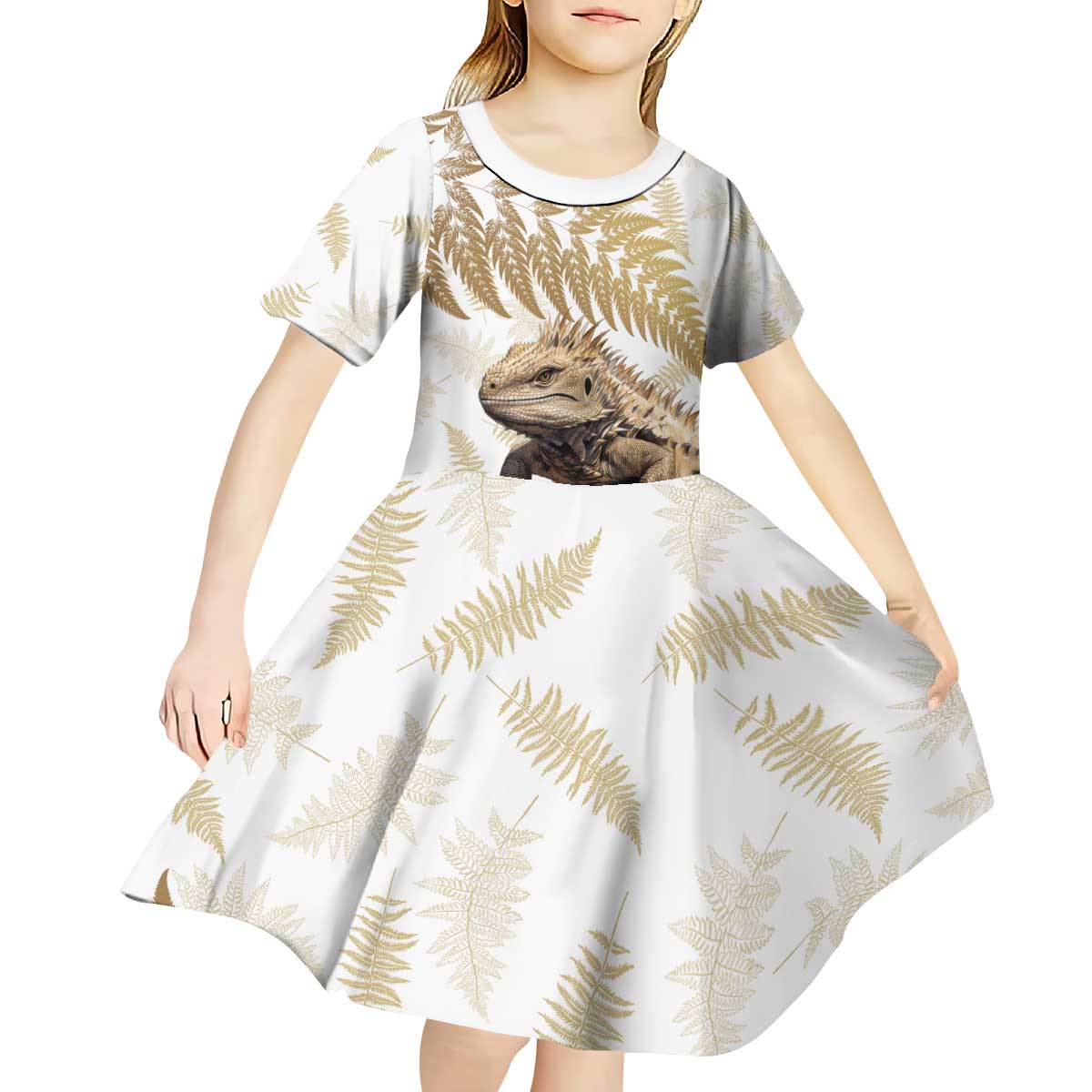 Gold New Zealand Tuatara Kid Short Sleeve Dress Aotearoa Sphenodon Punctatus Silver Fern