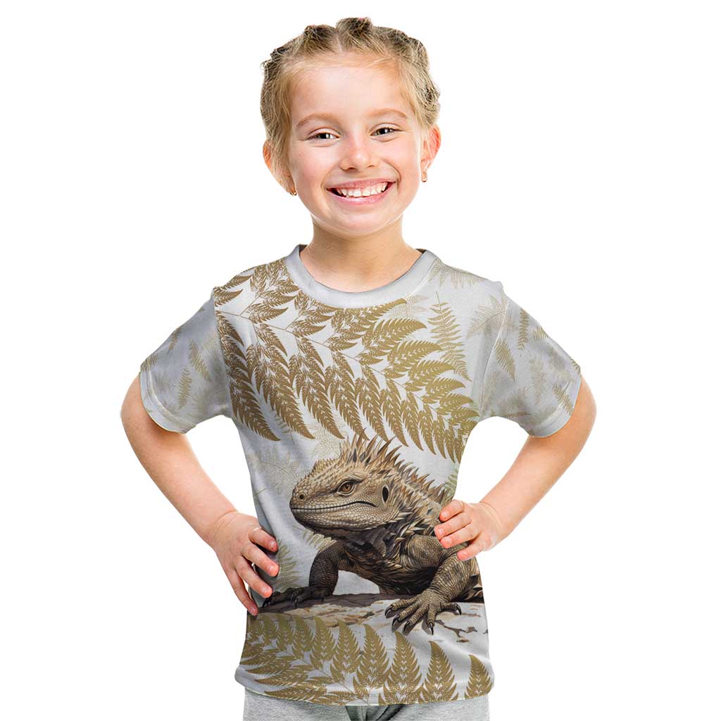 Gold New Zealand Tuatara Kid T Shirt Aotearoa Sphenodon Punctatus Silver Fern LT14 Gold - Polynesian Pride