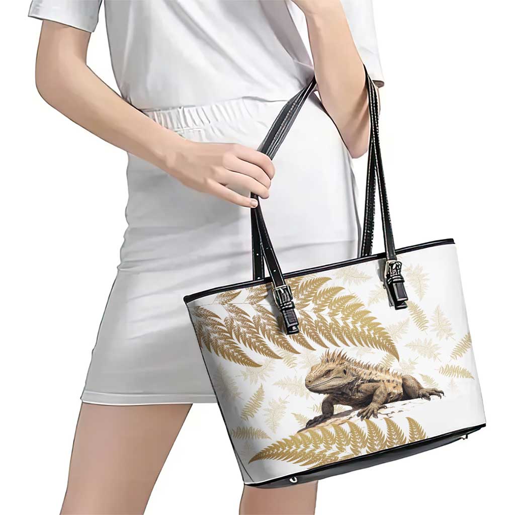 Gold New Zealand Tuatara Leather Tote Bag Aotearoa Sphenodon Punctatus Silver Fern LT14 - Polynesian Pride