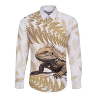 Gold New Zealand Tuatara Long Sleeve Button Shirt Aotearoa Sphenodon Punctatus Silver Fern LT14 Unisex Gold - Polynesian Pride