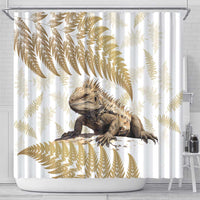 Gold New Zealand Tuatara Shower Curtain Aotearoa Sphenodon Punctatus Silver Fern LT14 - Polynesian Pride