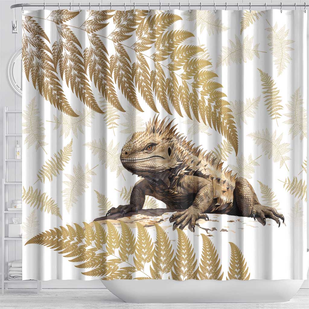 Gold New Zealand Tuatara Shower Curtain Aotearoa Sphenodon Punctatus Silver Fern LT14 - Polynesian Pride