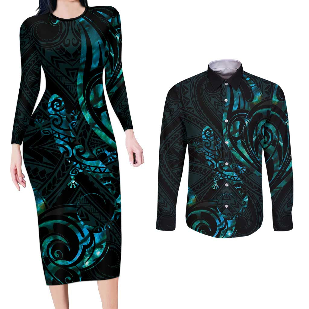 New Zealand Skink Couples Matching Long Sleeve Bodycon Dress and Long Sleeve Button Shirt Aotearoa Maori Mix Paua Shell LT14