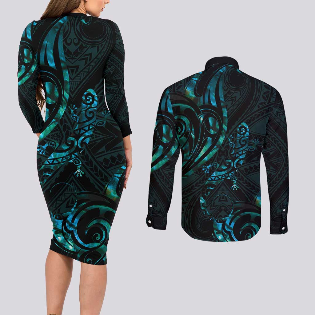 New Zealand Skink Couples Matching Long Sleeve Bodycon Dress and Long Sleeve Button Shirt Aotearoa Maori Mix Paua Shell LT14