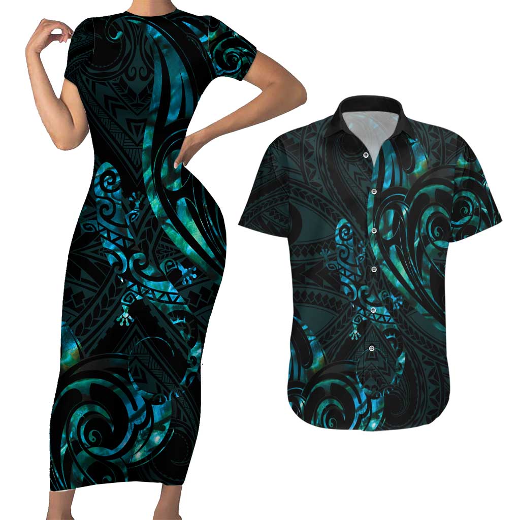 New Zealand Skink Couples Matching Short Sleeve Bodycon Dress and Hawaiian Shirt Aotearoa Maori Mix Paua Shell