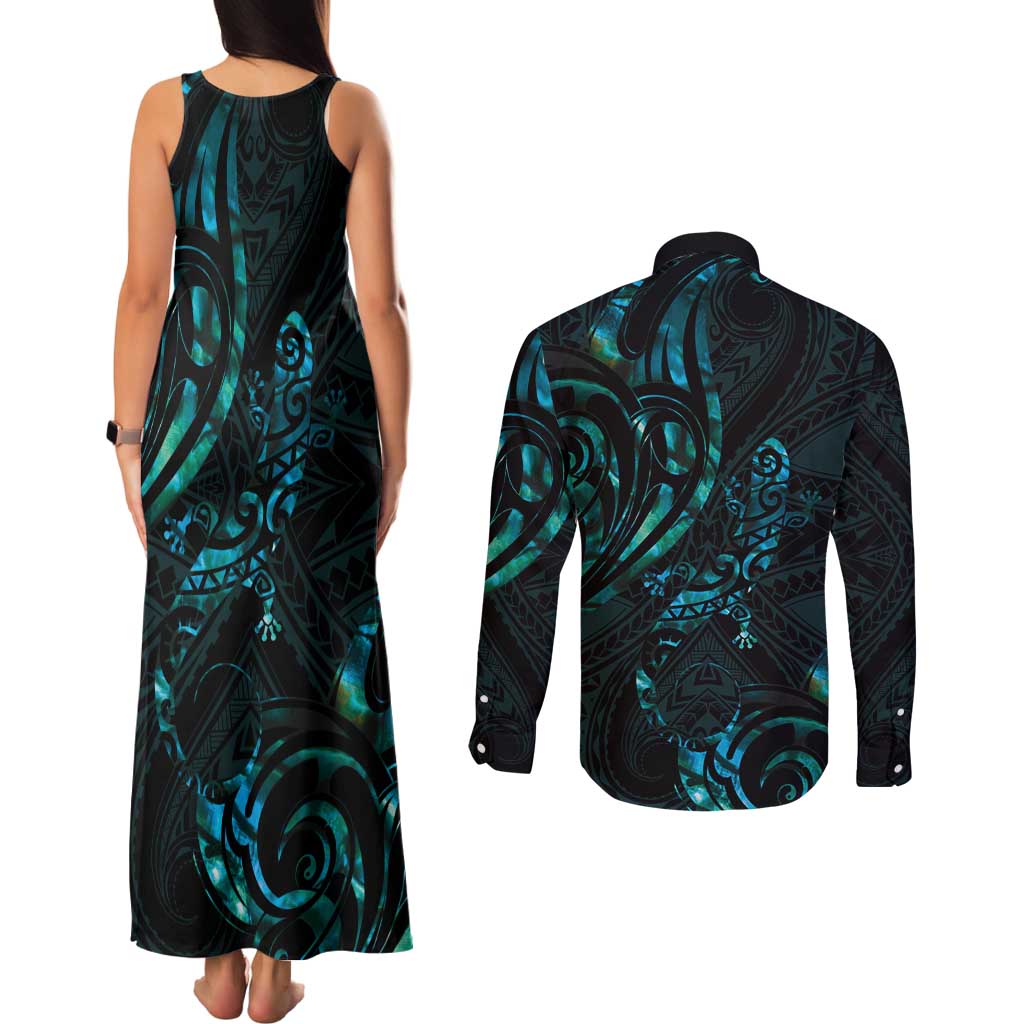 New Zealand Skink Couples Matching Tank Maxi Dress and Long Sleeve Button Shirt Aotearoa Maori Mix Paua Shell