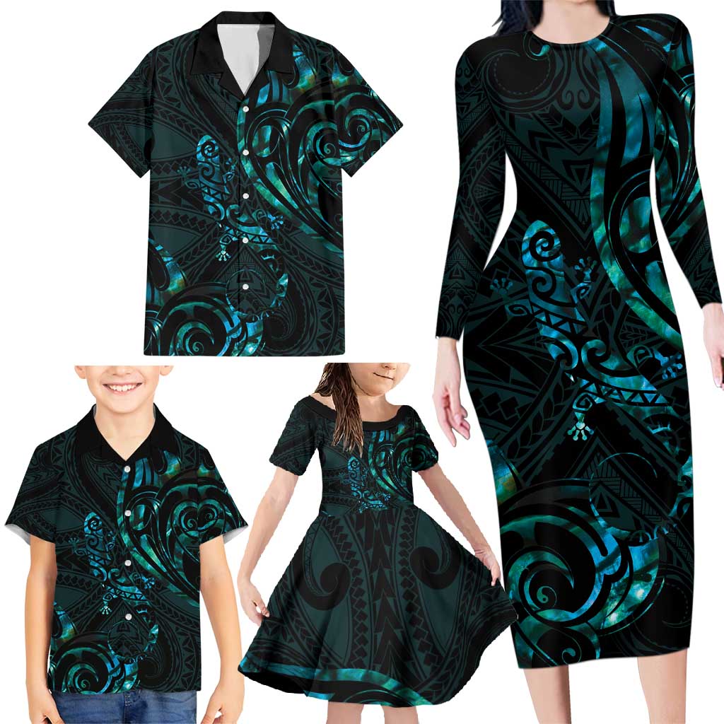 New Zealand Skink Family Matching Long Sleeve Bodycon Dress and Hawaiian Shirt - Aotearoa Maori Mix Paua Shell LT14 - Polynesian Pride