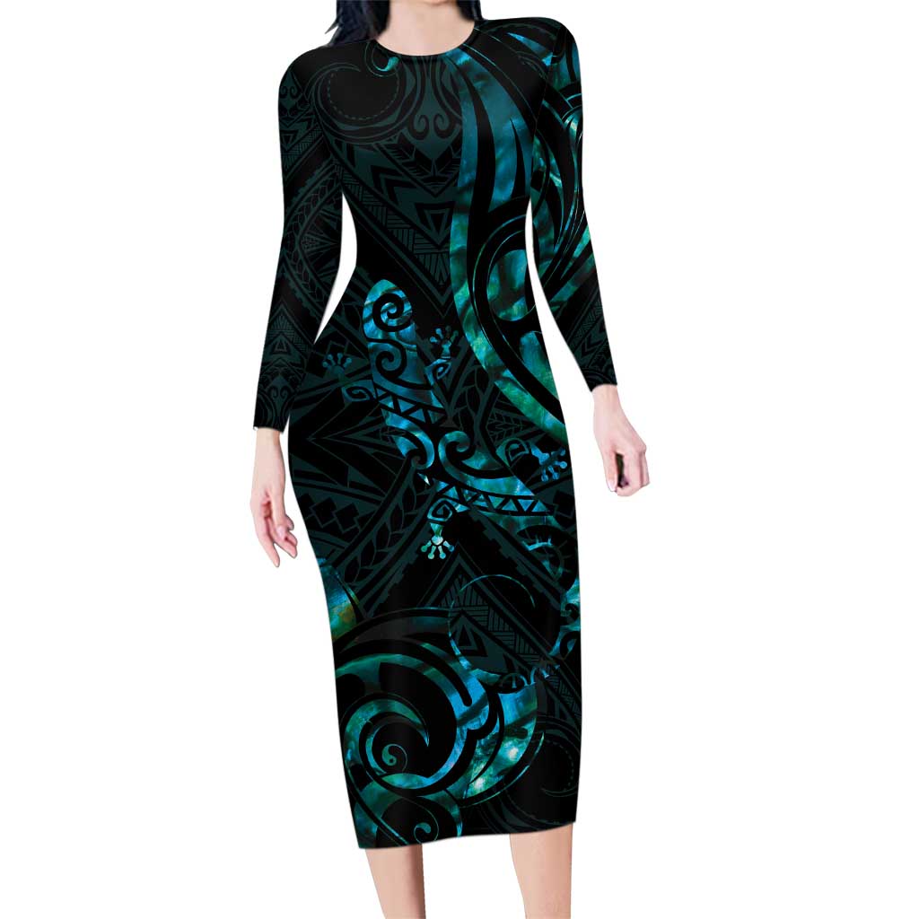 New Zealand Skink Family Matching Long Sleeve Bodycon Dress and Hawaiian Shirt - Aotearoa Maori Mix Paua Shell LT14 Mom's Dress Blue - Polynesian Pride