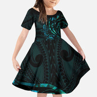 New Zealand Skink Family Matching Mermaid Dress and Hawaiian Shirt Aotearoa Maori Mix Paua Shell LT14 Daughter's Dress Blue - Polynesian Pride