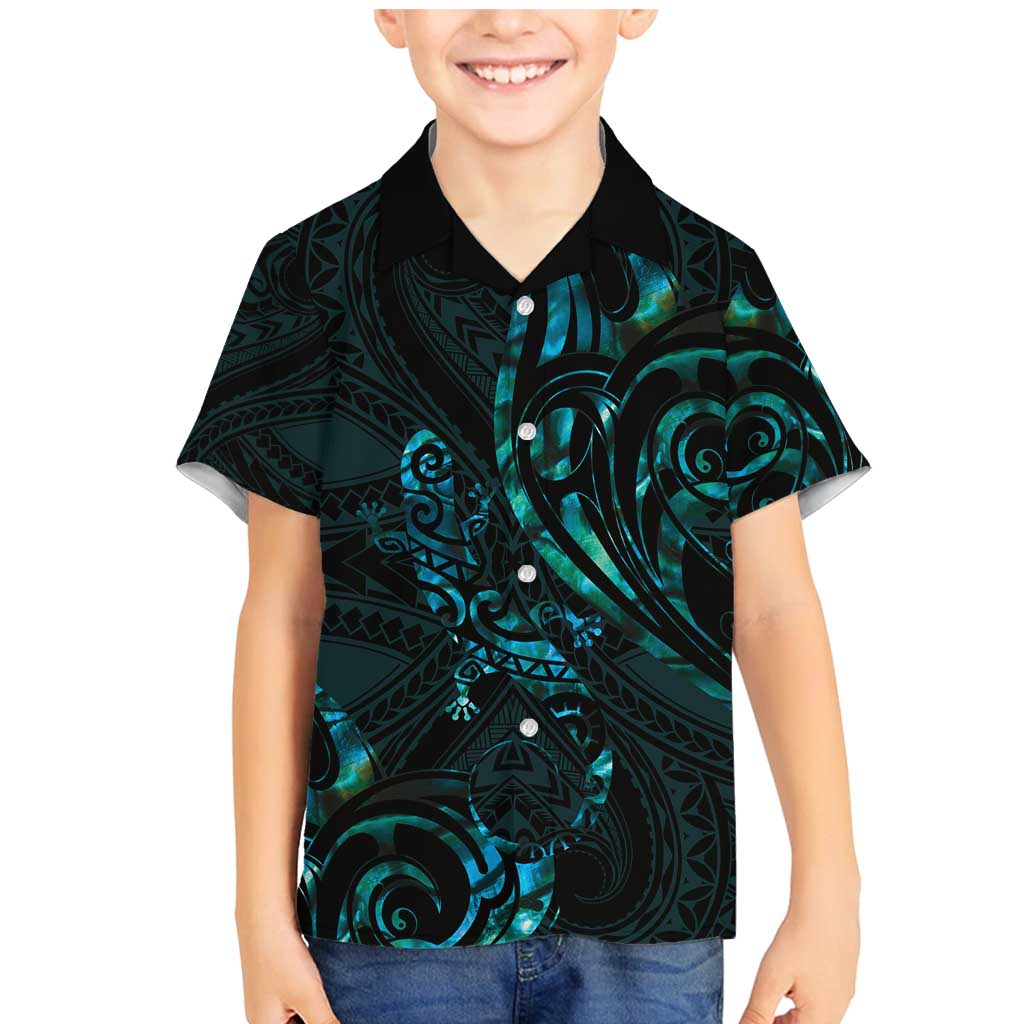 New Zealand Skink Family Matching Mermaid Dress and Hawaiian Shirt Aotearoa Maori Mix Paua Shell LT14 Son's Shirt Blue - Polynesian Pride