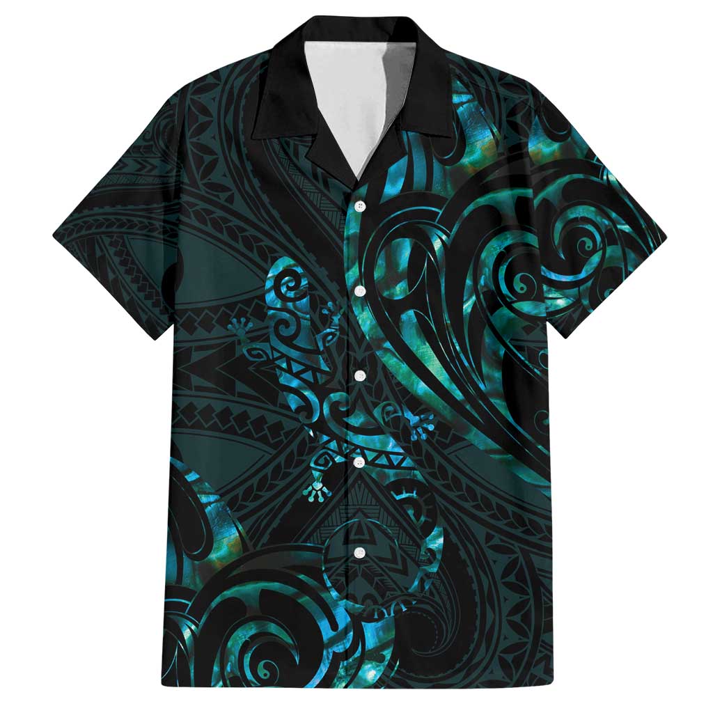 New Zealand Skink Family Matching Off Shoulder Maxi Dress and Hawaiian Shirt Aotearoa Maori Mix Paua Shell LT14 Dad's Shirt - Short Sleeve Blue - Polynesian Pride